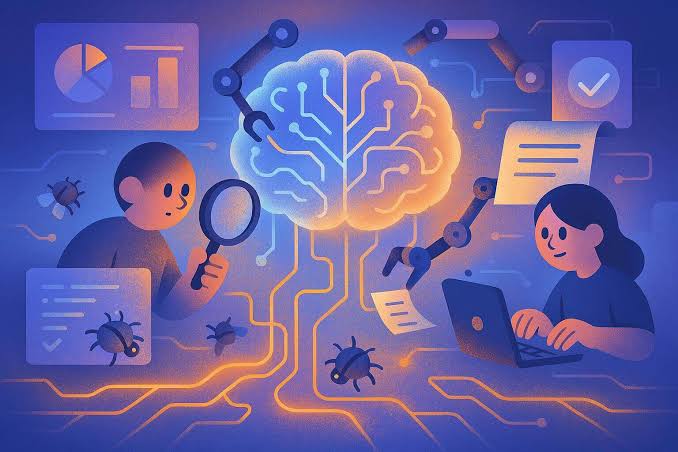 Illustration of a glowing circuit-board brain with robotic arms collecting documents, while two people inspect and type